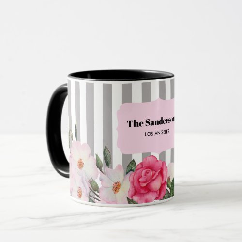 Watercolor Gentle Pink White Roses Gray Stripes Mug