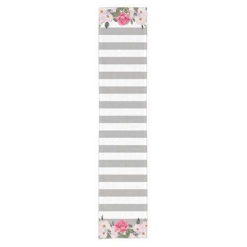 Watercolor Gentle Pink White Roses Gray Stripes Short Table Runner