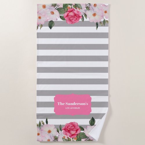 Watercolor Gentle Pink White Roses Gray Stripes Yo Beach Towel