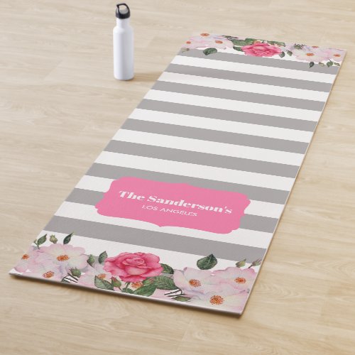 Watercolor Gentle Pink White Roses Gray Stripes Yoga Mat