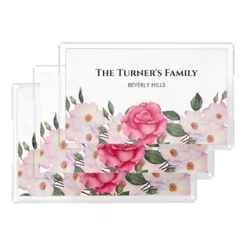 Watercolor Gentle Pink White Roses Illustration Acrylic Tray