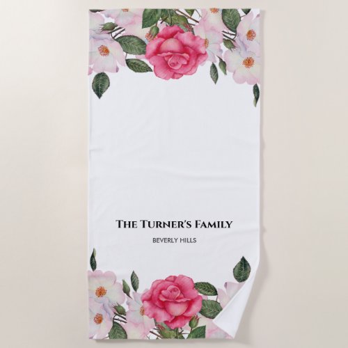 Watercolor Gentle Pink White Roses Illustration Beach Towel