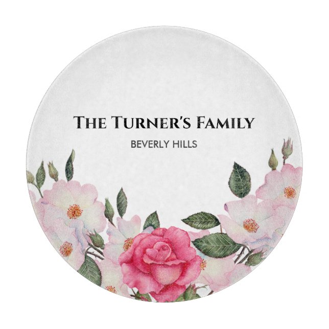 Watercolor Gentle Pink White Roses Illustration Cutting Board (Front)