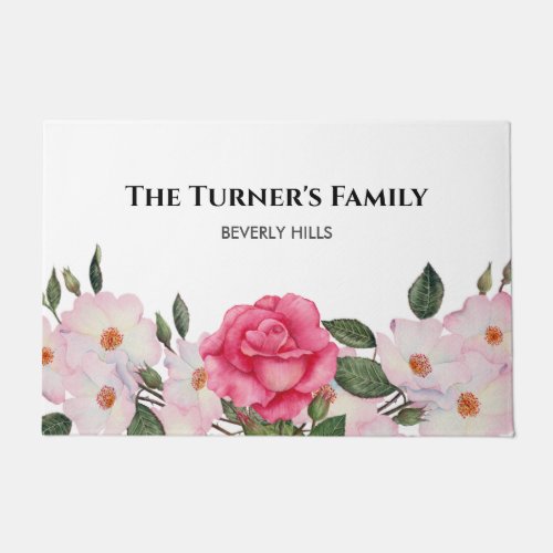 Watercolor Gentle Pink White Roses Illustration Doormat