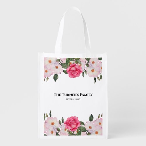 Watercolor Gentle Pink White Roses Illustration Grocery Bag