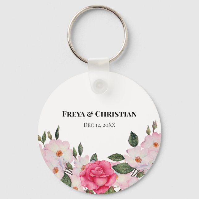 Watercolor Gentle Pink White Roses Illustration Keychain (Front)