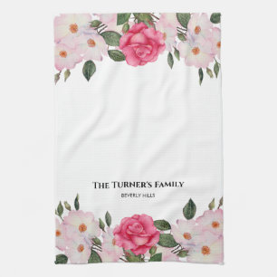 Watercolor Gentle Pink White Roses Illustration Kitchen Towel