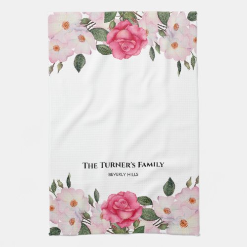 Watercolor Gentle Pink White Roses Illustration Kitchen Towel
