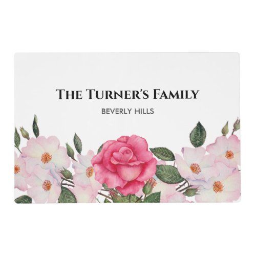 Watercolor Gentle Pink White Roses Illustration Placemat