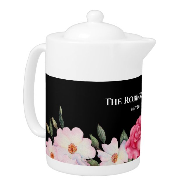 Watercolor Gentle Pink White Roses Illustration Teapot (Left)