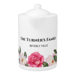 Watercolor Gentle Pink White Roses Illustration Teapot