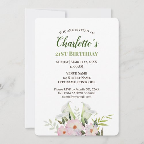 Watercolor Gentle White Calla Birthday Invitation