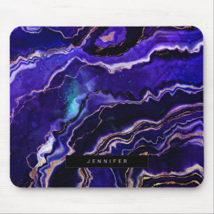 Watercolor Geode Deep Blue Purple Rose Gold Agate Mouse Pad