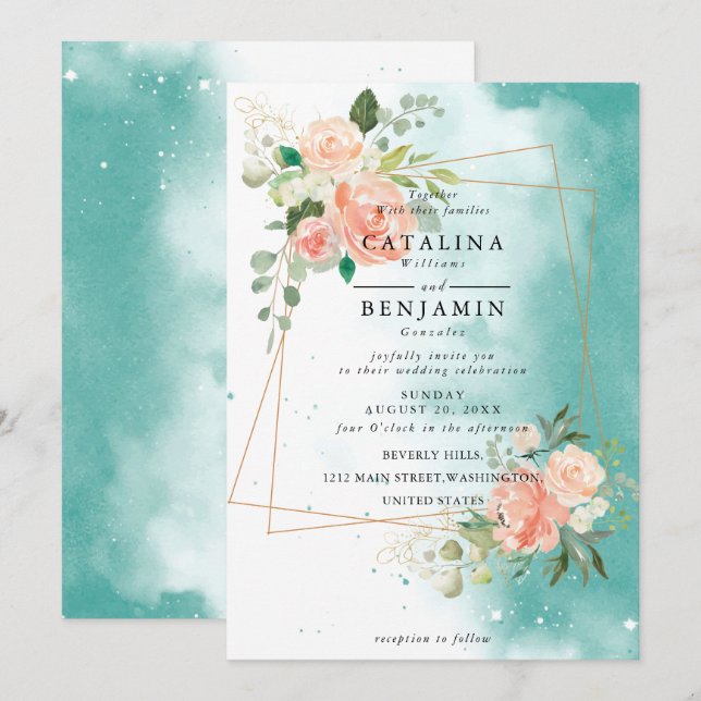  Watercolor Geometric Blush Pink Floral Wedding Invitation (Front/Back)