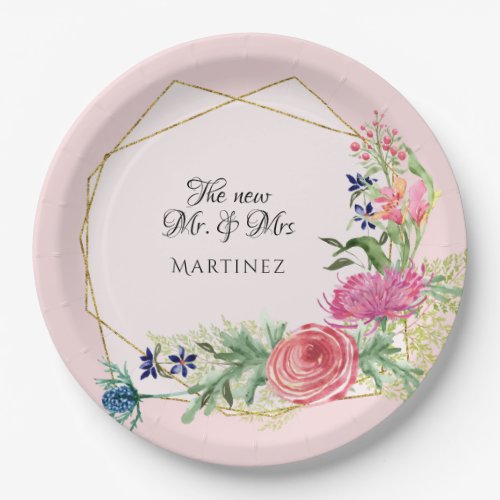 Watercolor Geometric Blush Pink n Navy Blue Floral Paper Plates