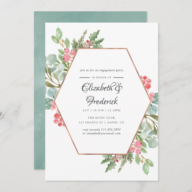 Watercolor Geometric Christmas Engagement Party Invitation (Front/Back)