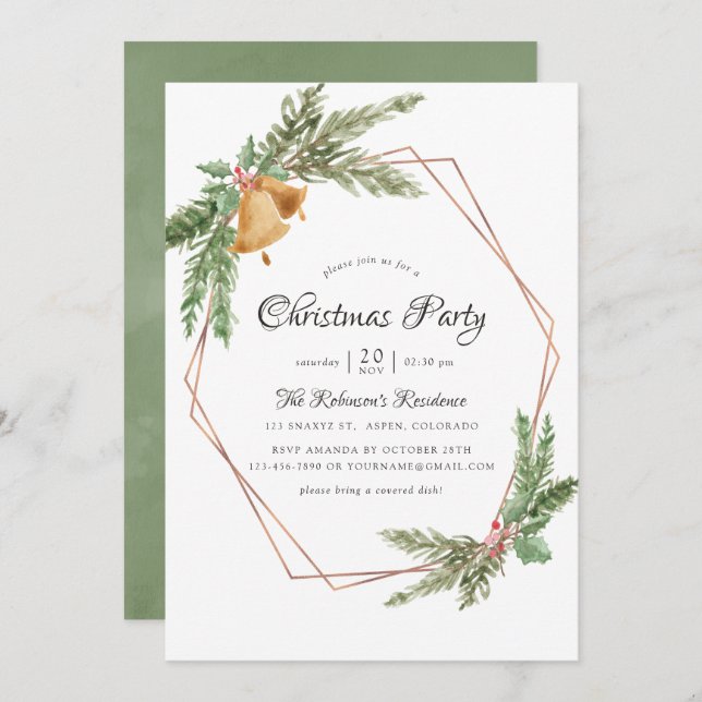 Watercolor Geometric Christmas Party Invitation (Front/Back)