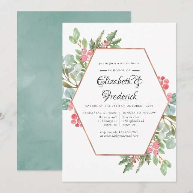 Watercolor Geometric Christmas Rehearsal Dinner Invitation (Front/Back)