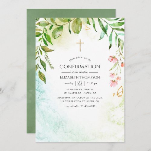 Watercolor Geometric Crystal Greenery Confirmation Invitation