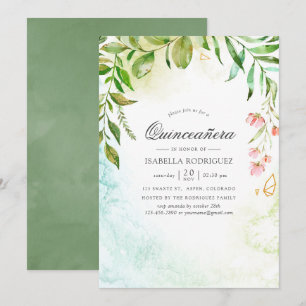 Watercolor Geometric Crystal Greenery Quinceañera Invitation