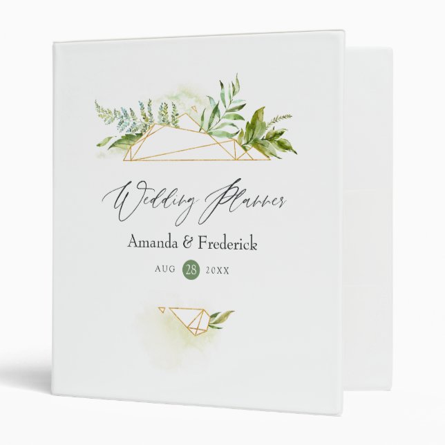 Watercolor Geometric Crystal Greenery Wedding 3 Ring Binder (Front/Inside)
