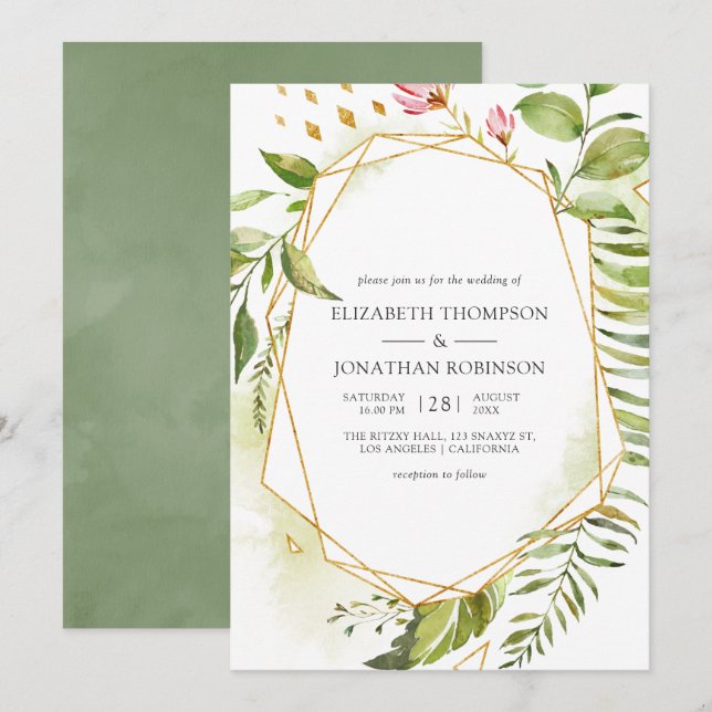 Watercolor Geometric Crystal Greenery Wedding Invitation (Front/Back)