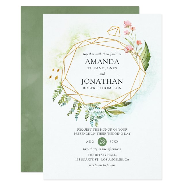 Watercolor Geometric Crystal Greenery Wedding Invitation