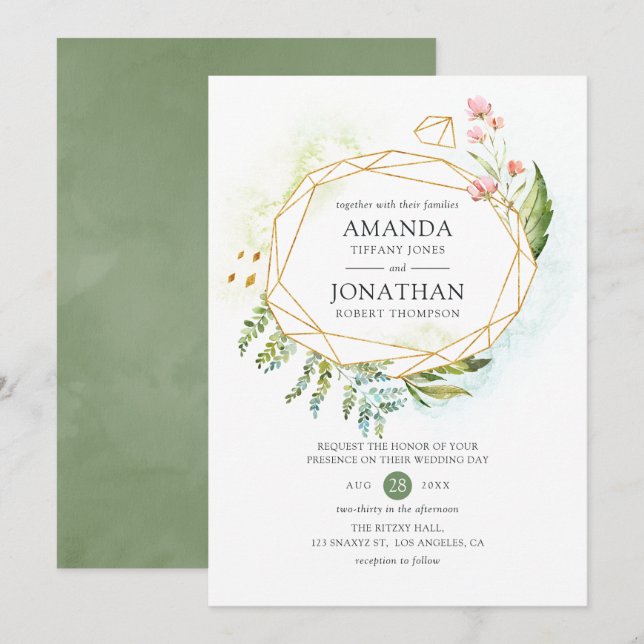 Watercolor Geometric Crystal Greenery Wedding Invitation (Front/Back)