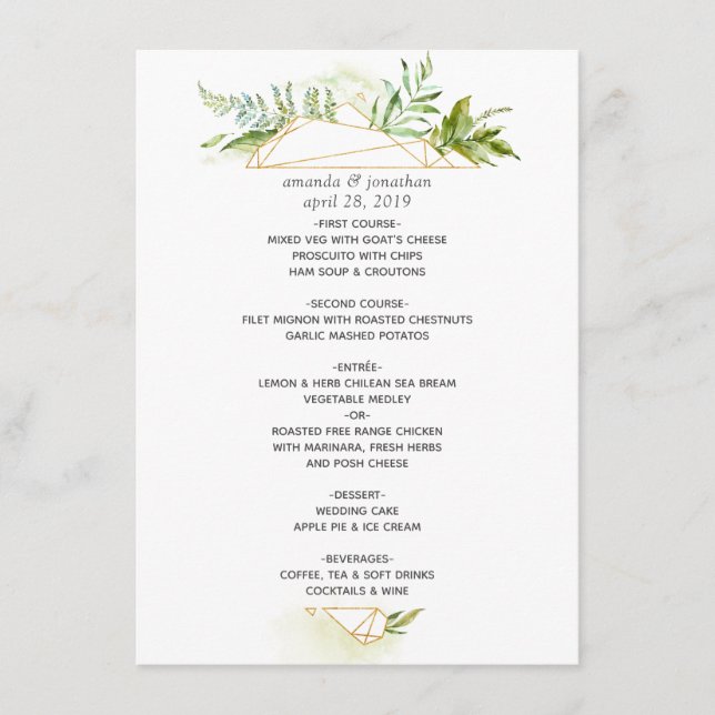 Watercolor Geometric Crystal Greenery Wedding Menu (Front)