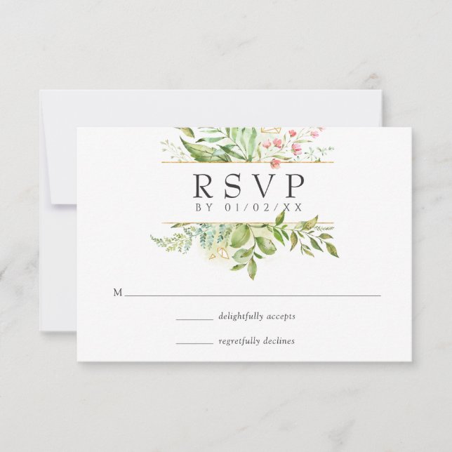 Watercolor Geometric Crystal Greenery Wedding RSVP Card (Front)