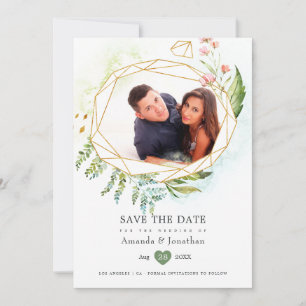 Watercolor Geometric Crystal Greenery Wedding Save The Date