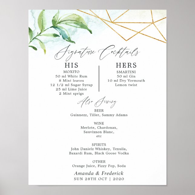 Watercolor Geometric Crystal Signature Cocktails Poster (Front)