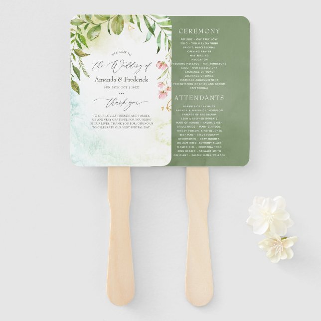 Watercolor Geometric Crystal Wedding Program Hand Fan (Front and Back)