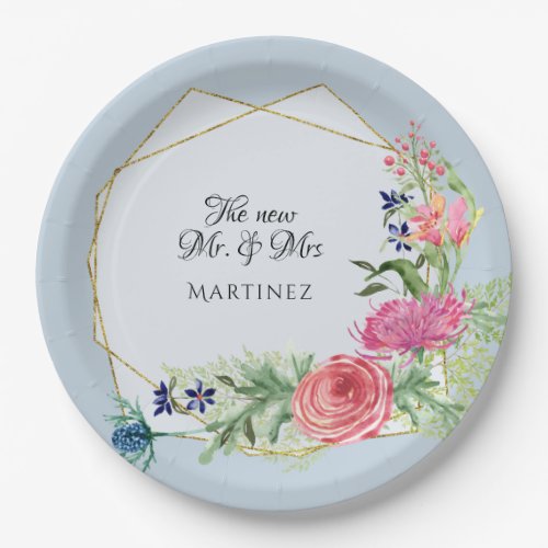 Watercolor Geometric Dusty Blue Pink n Navy Floral Paper Plates