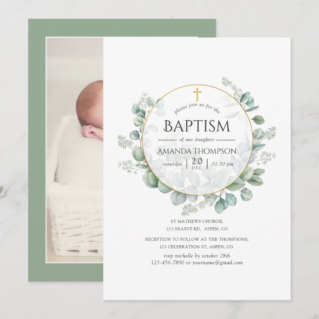Watercolor Geometric Eucalyptus Baptism Photo Invitation (Front/Back)