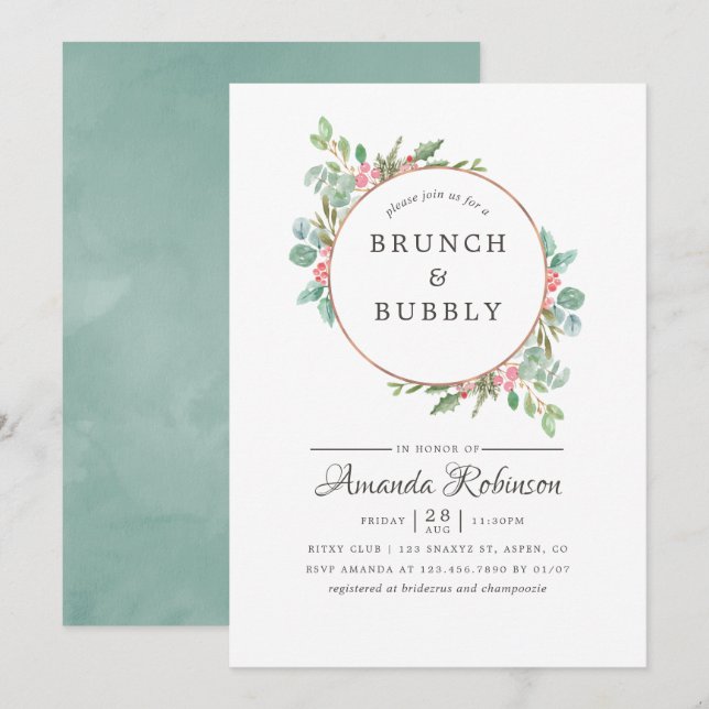 Watercolor Geometric Eucalyptus Brunch and Bubbly Invitation (Front/Back)