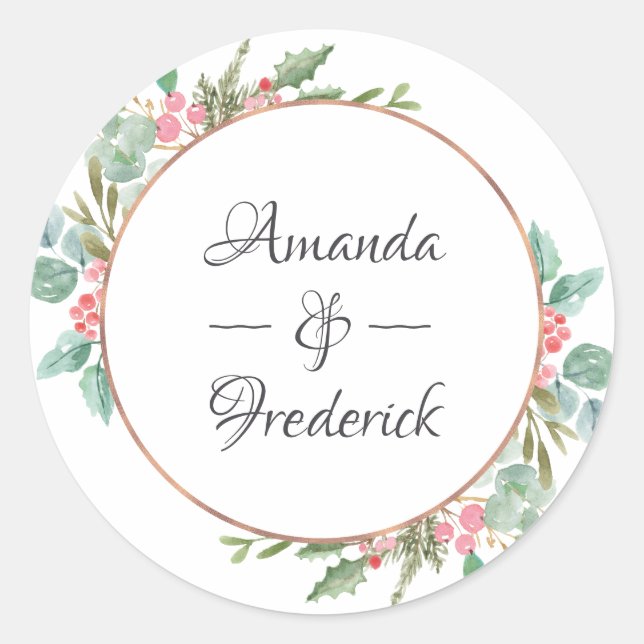 Watercolor Geometric Eucalyptus Christmas Wedding Classic Round Sticker (Front)