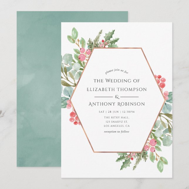 Watercolor Geometric Eucalyptus Christmas Wedding Invitation (Front/Back)