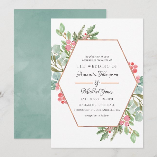 Watercolor Geometric Eucalyptus Christmas Wedding Invitation (Front/Back)