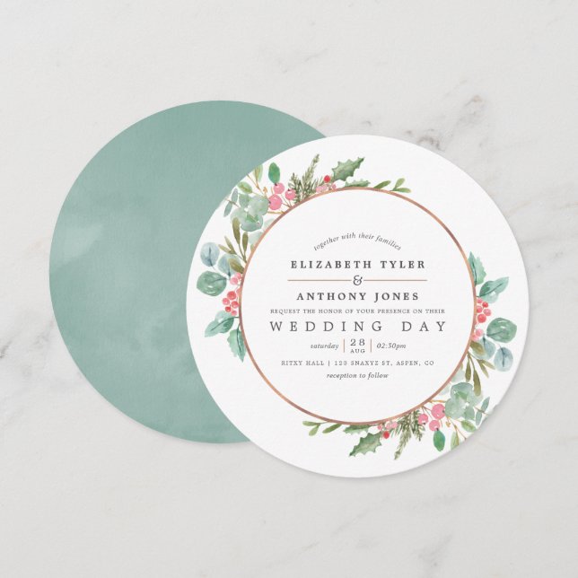 Watercolor Geometric Eucalyptus Christmas Wedding Invitation (Front/Back)