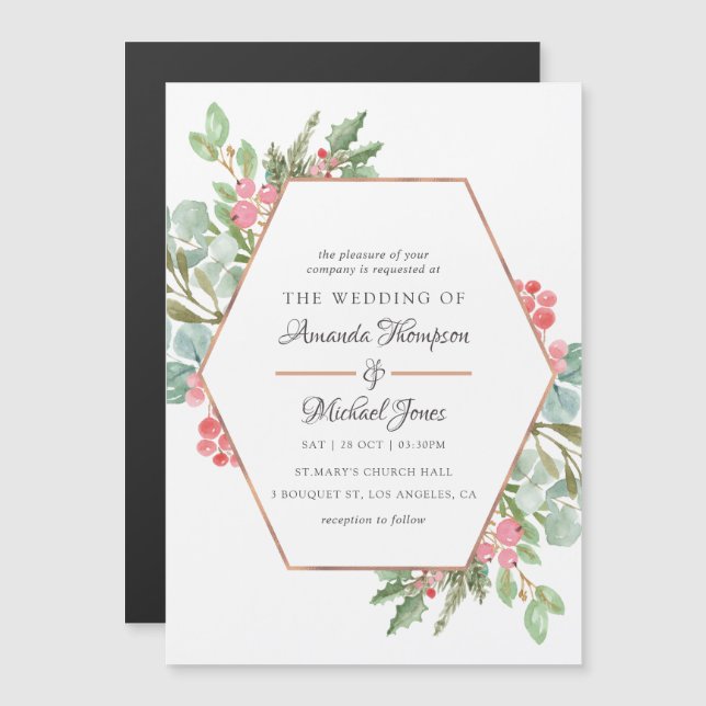 Watercolor Geometric Eucalyptus Christmas Wedding Magnetic Invitation (Front/Back)