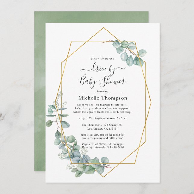 Watercolor Geometric Eucalyptus Drive By Shower Invitation (Front/Back)