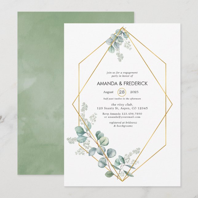 Watercolor Geometric Eucalyptus Engagement Party Invitation (Front/Back)