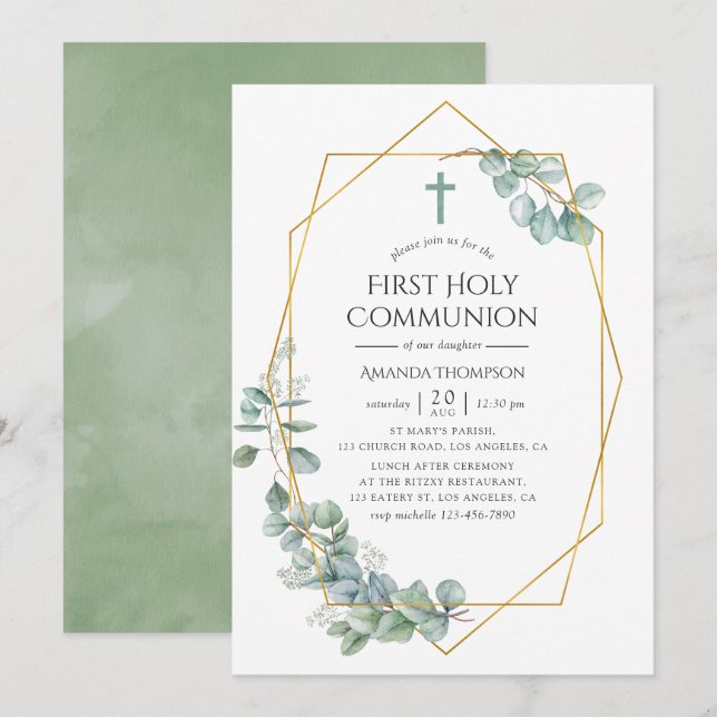 Watercolor Geometric Eucalyptus First Communion Invitation (Front/Back)