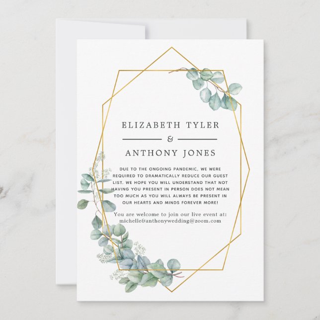 Watercolor Geometric Eucalyptus Reduced Guest List Announcement (Front)