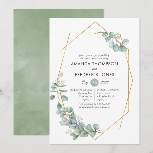Watercolor Geometric Eucalyptus Rehearsal Dinner Invitation (Front/Back)