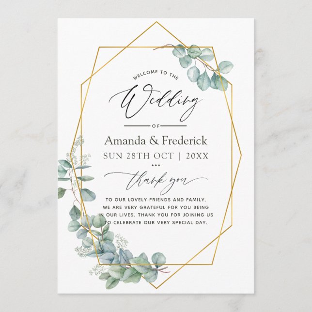 Watercolor Geometric Eucalyptus Wedding Program (Front)