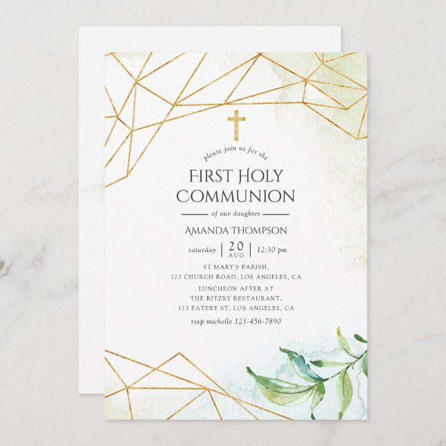 Watercolor Geometric First Holy Communion Invitation (Front/Back)