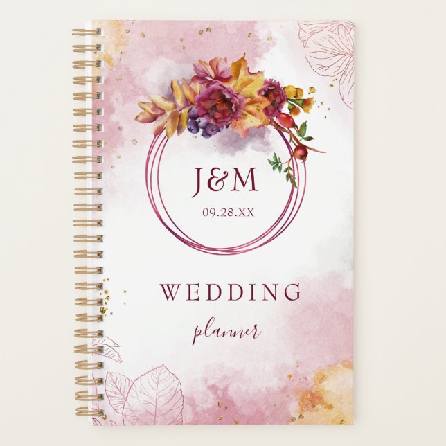 Watercolor Geometric Floral Fall Burgundy Wedding Planner (Front)