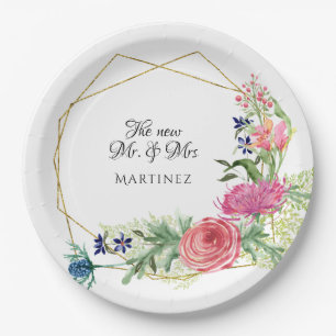 Watercolor Geometric Modern Pink n Navy Floral Paper Plates